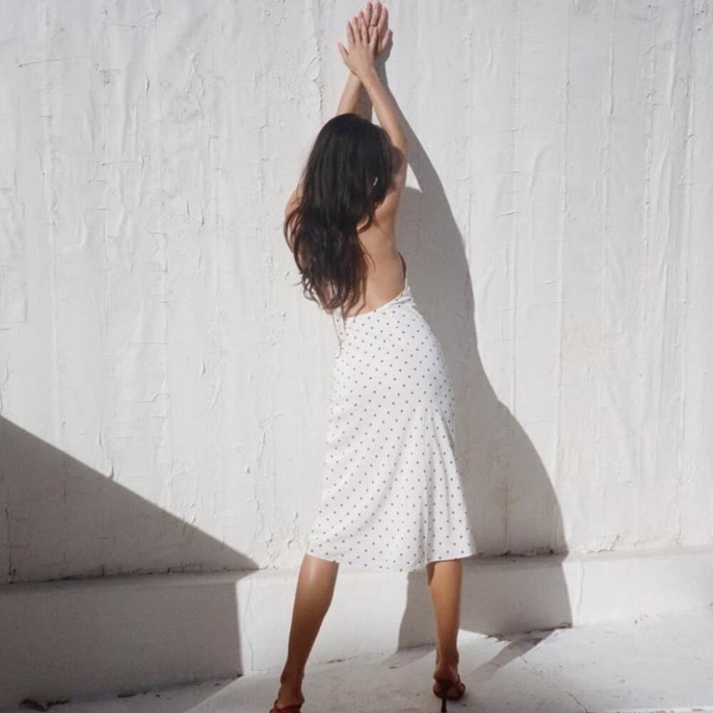 Realisation Sadie Silk Halter V Neck Midi Slip Dress Petite Spot Polka Dot White - Picture 4 of 16